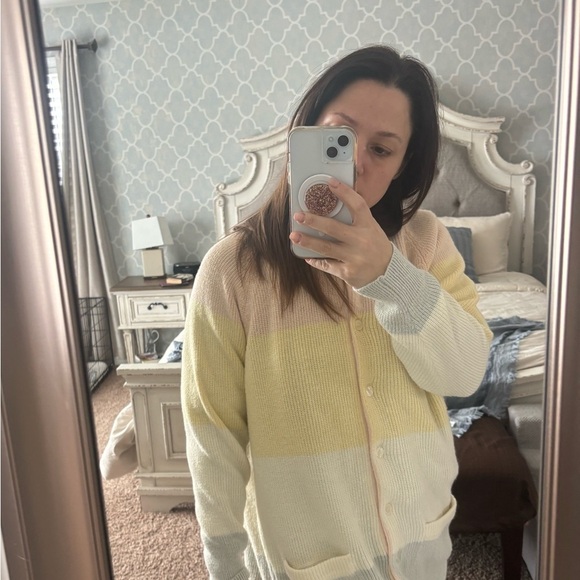 Vintage Colorblock Oversize Cardigan - Pastel a butter yellow powder pink -L - Picture 8 of 8
